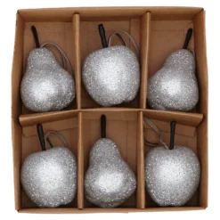 Silver Beaded Pears And Apples Christmas Tree Decorations - Pack Of 6
