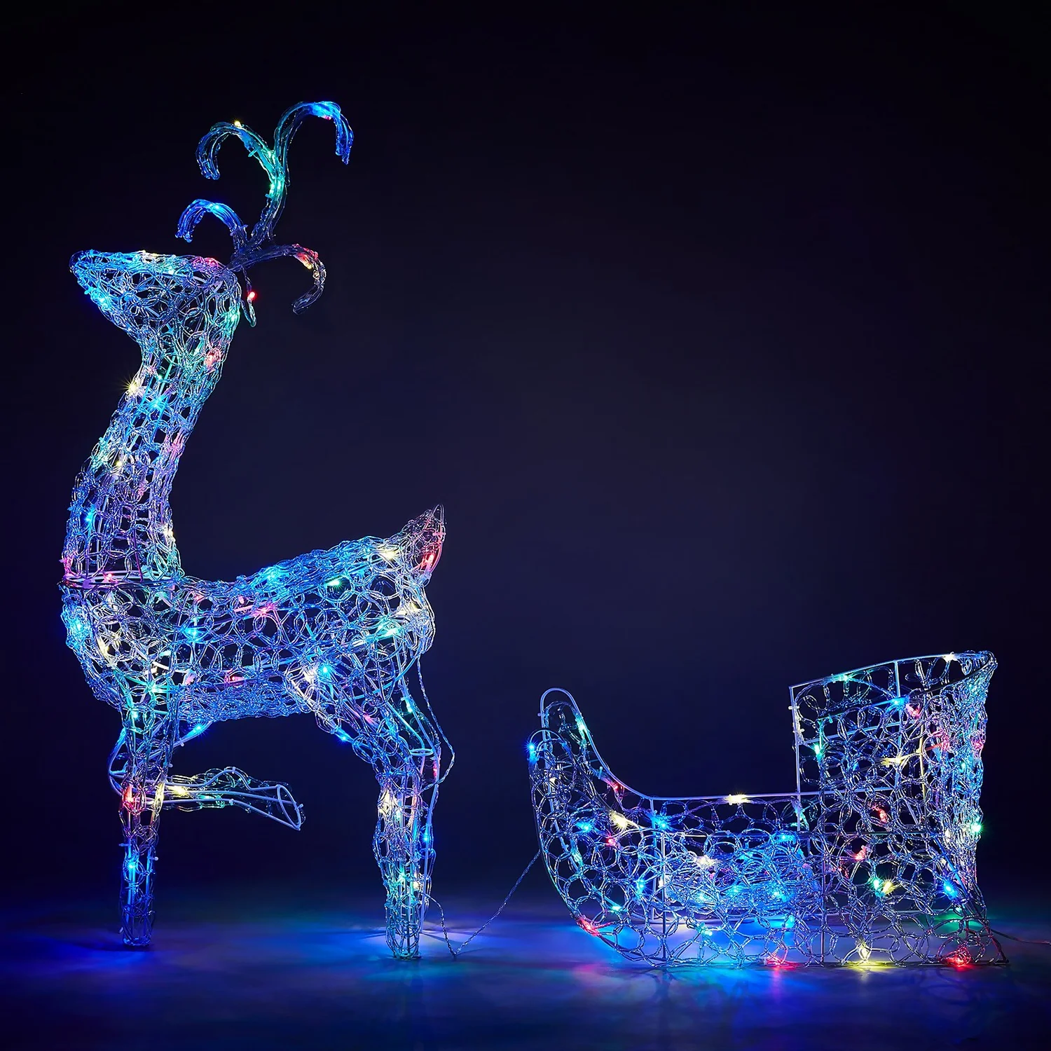 Acrylic LED Reindeer And Sleigh Multicolour 3D Outdoor Christmas Light Decoration 2 Acrylic LED Reindeer And Sleigh Multicolour 3D Outdoor Christmas Light Decoration
