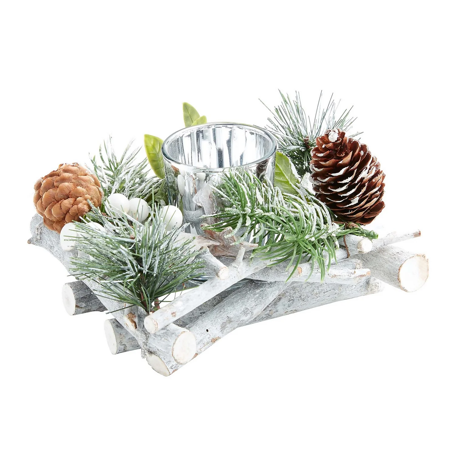 White Berry & Willow Tabletop Christmas Candle Holder - 15cm 3 White Berry & Willow Tabletop Christmas Candle Holder - 15cm