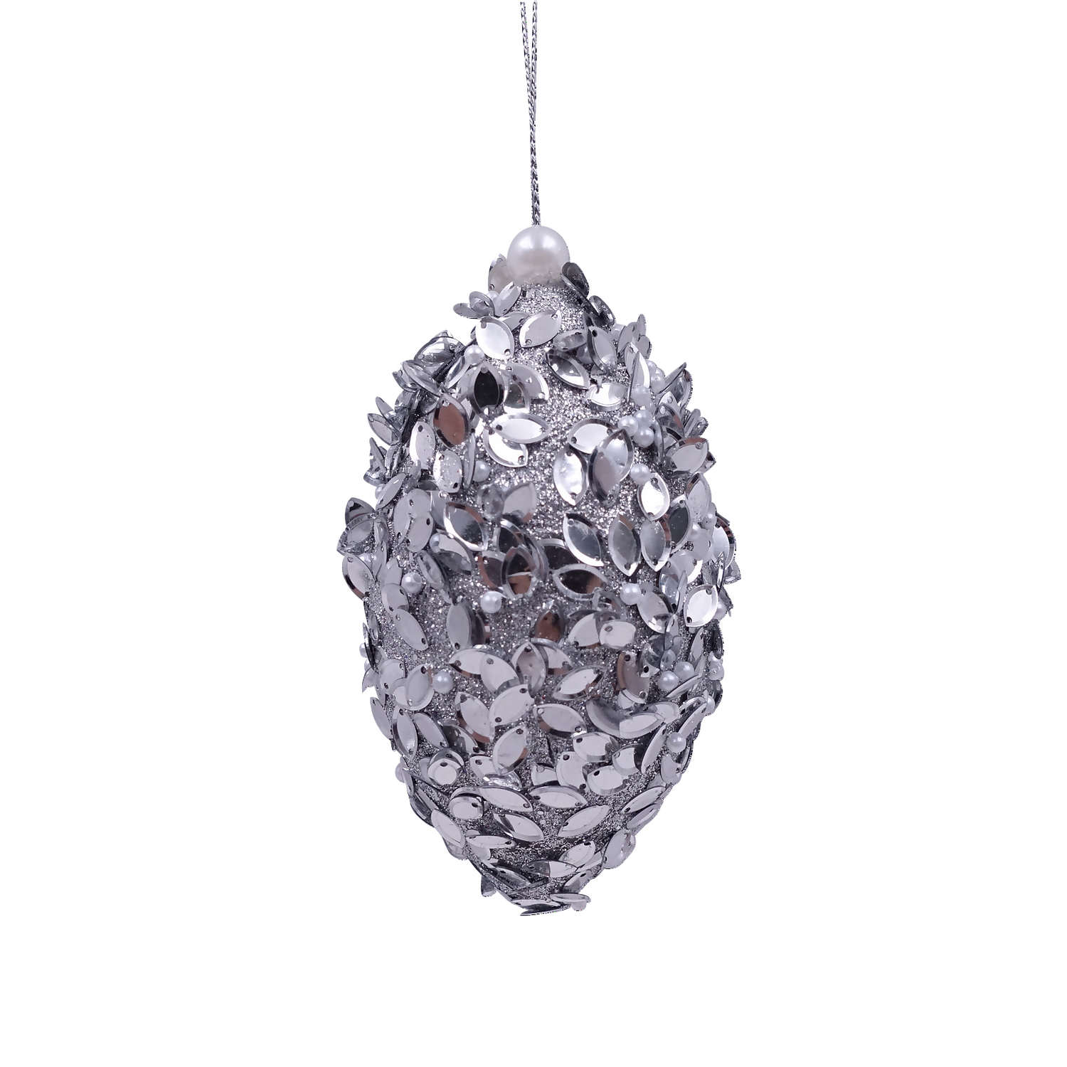 Silver Mirror Pearl Teardrop Christmas Tree Bauble - 80mm 3 Silver Mirror Pearl Teardrop Christmas Tree Bauble - 80mm