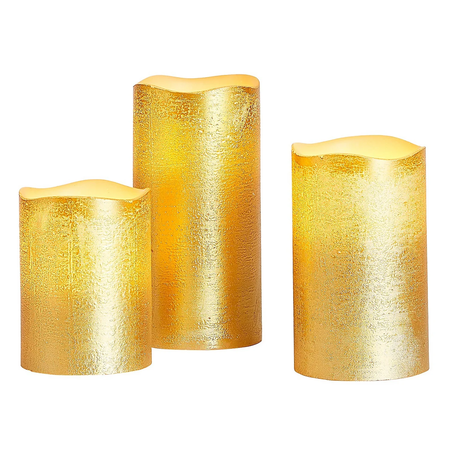 3 LED Christmas Pillar Candles - Gold (Battery Operated) 3 3 LED Christmas Pillar Candles - Gold (Battery Operated)