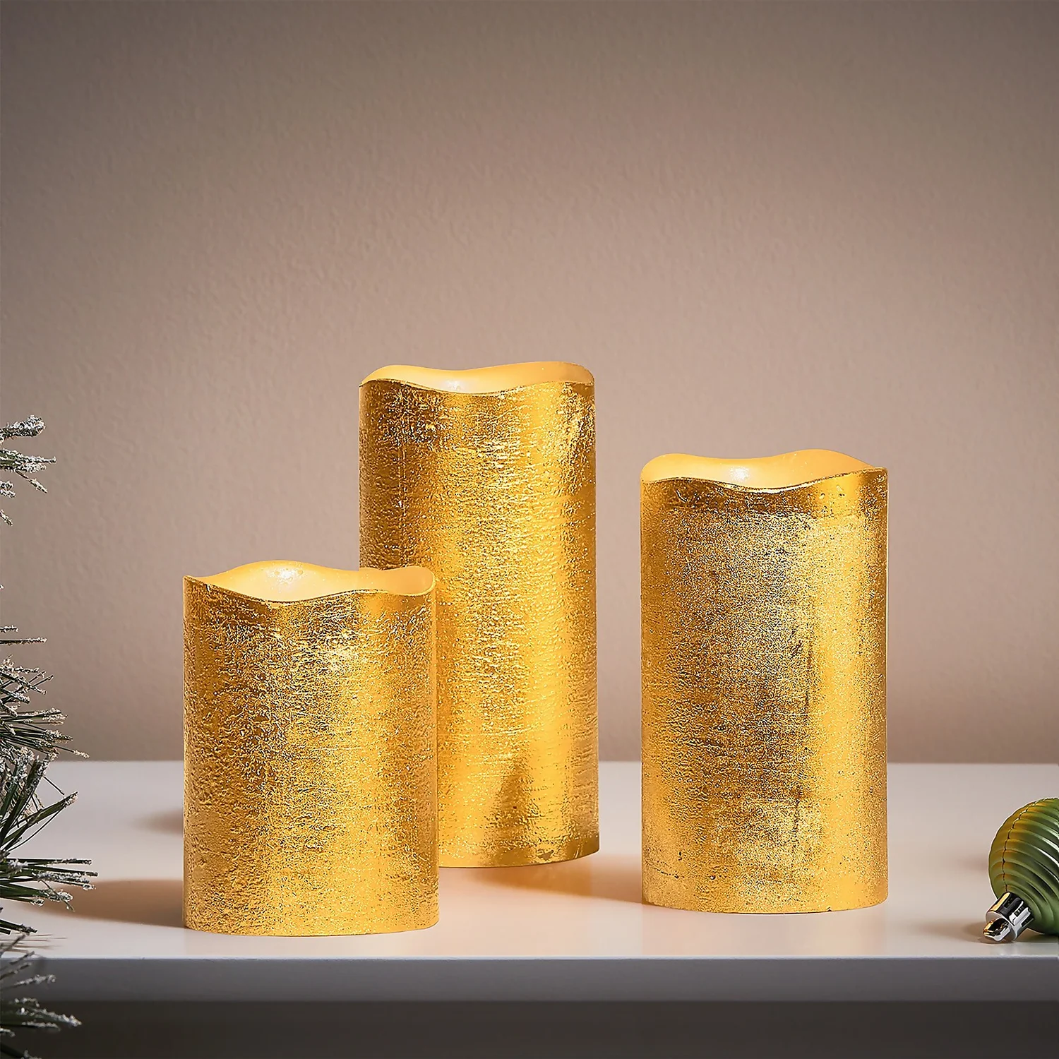 3 LED Christmas Pillar Candles - Gold (Battery Operated) 4 3 LED Christmas Pillar Candles - Gold (Battery Operated) - Image 2